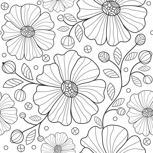 Tracery çizgili çiçekler, yaprakları ile dikişsiz monokrom desen — Stok Vektör