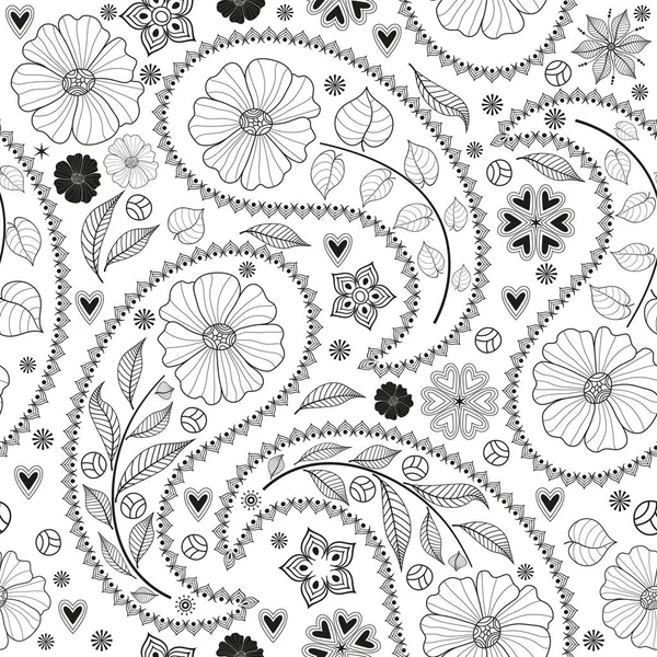 Seamless monochromatic black pattern with paisley — Stock Vector