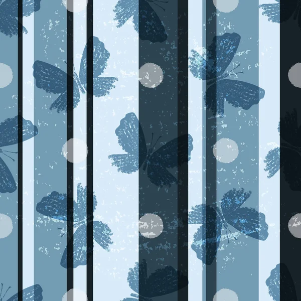 Grunge inconsútil patrón rayado gris-azul con mariposas — Archivo Imágenes Vectoriales