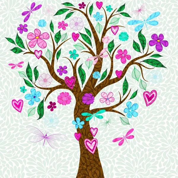 Marco con estilizado árbol de primavera con flores multicolores y gr — Vector de stock