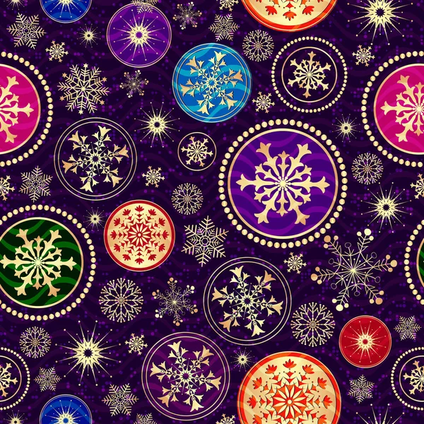 圣诞节深紫色无缝点缀图案与五颜六色的球 — 图库矢量图片