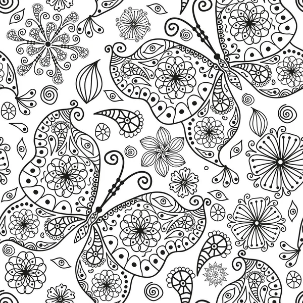 Seamless monochromatic pattern with butterflies and flowers — Stock Vector