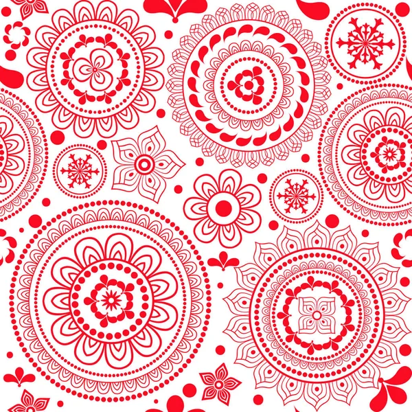 Seamless monochrome red pattern with circles and flowers — Stock Vector