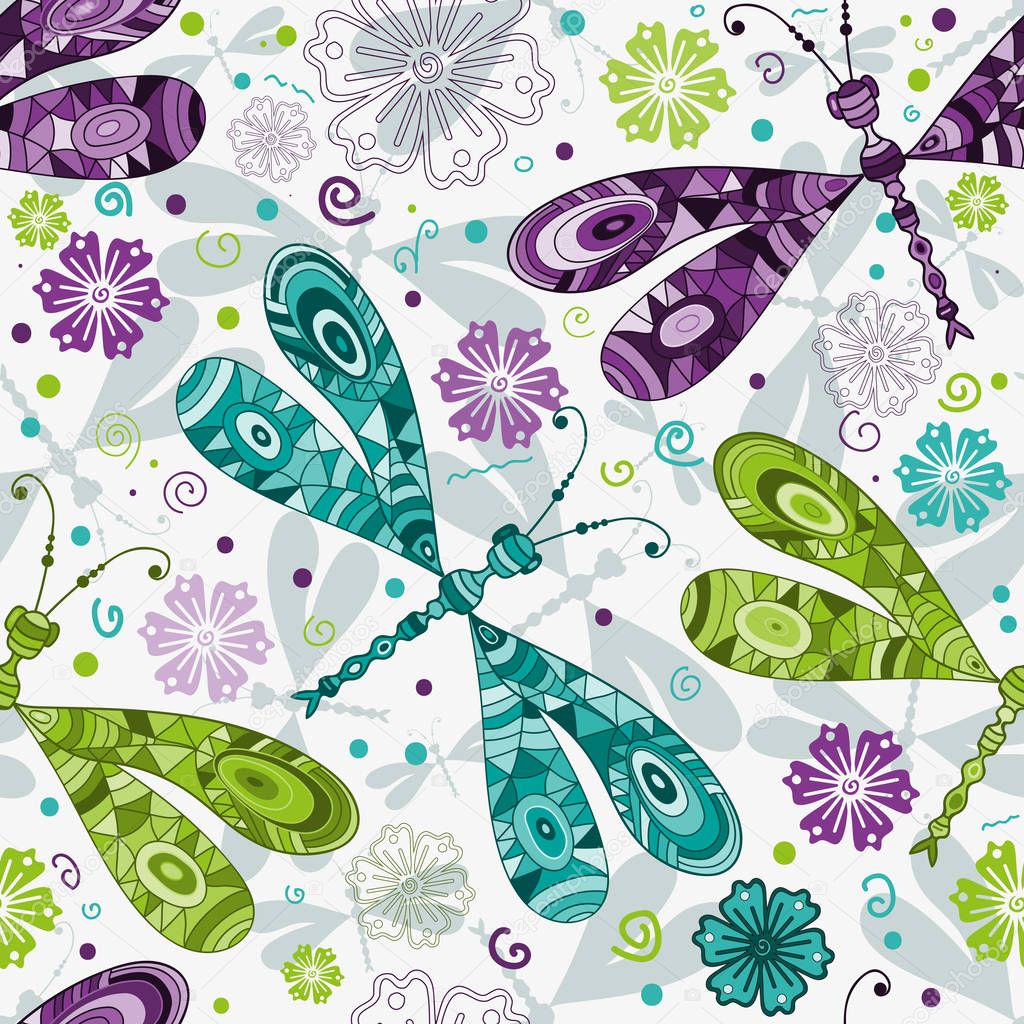 Seamless pattern with doodle gragonflies and flowers