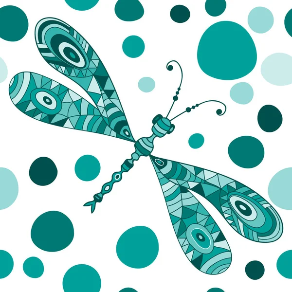 Seamless pattern with mosaic turquoise stylized dragonfly — Stock Vector