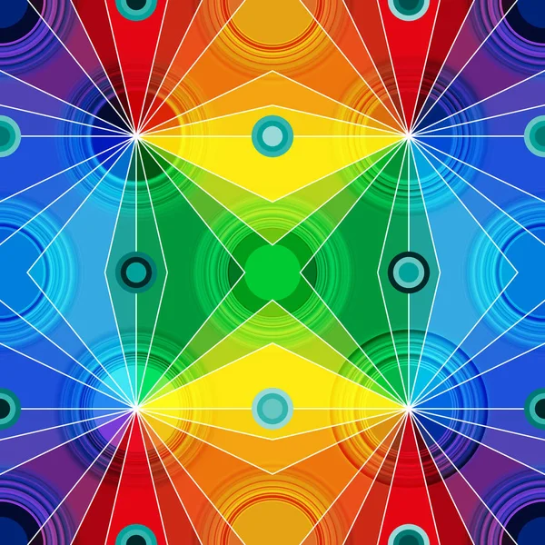 Arco iris brillante patrón geométrico sin costura con círculos y rayos . — Vector de stock