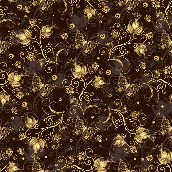Seamless pattern with golden flowers and lace butterflies — Stock Vector