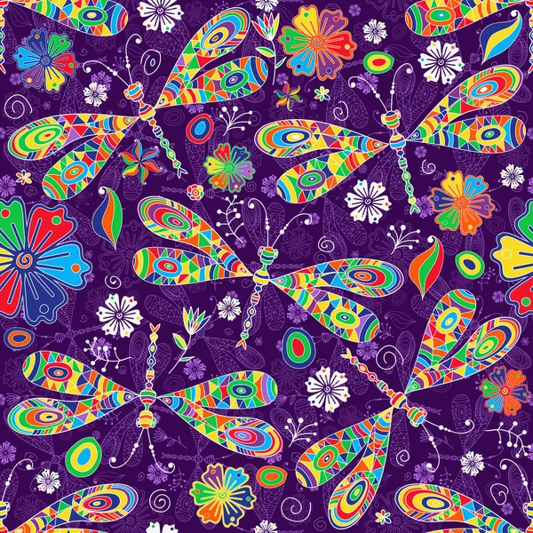 Seamless pattern with doodle mosaic colorful gragonflies and flo Royalty Free Stock Vectors