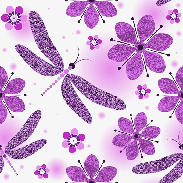 Nahtloses Muster mit Kritzelmosaik lila Gragonflies und grung — Stockvektor