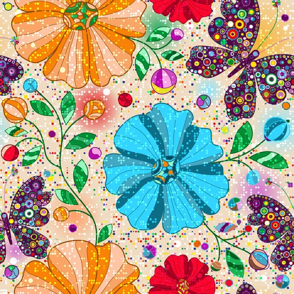 낙서 다채로운 나비와 꽃과 원활한 꽃 패턴 스톡 벡터