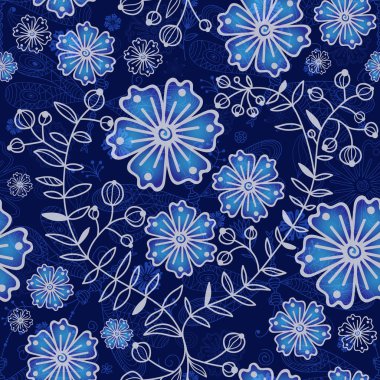 Doodle gragonflies ve mavi çiçekler ile Dikişsiz desen 