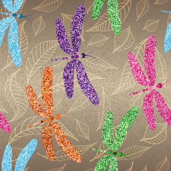 Sömlös fjäder mönster med mosaik flerfärgade trollsländor på — Stock vektor