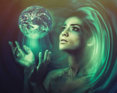 Mavi Earth'te eller, yeni evren, fantastik kadın portre doğuşu.