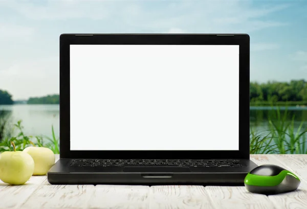 Laptop, mouse, apples and natural landscape.