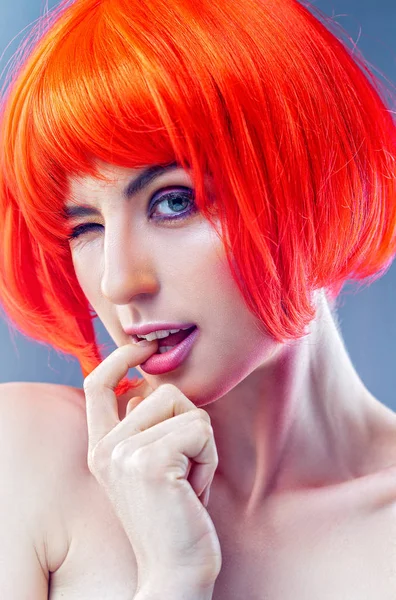 Tricky Beauty Pretty Woman Red Wig Making Faces Having Fun — Stock Photo, Image