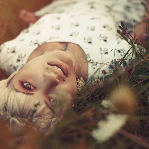 Bellezza Sul Prato Ritratto Femminile Stagionale Con Colorazione Stile Retrò — Foto Stock