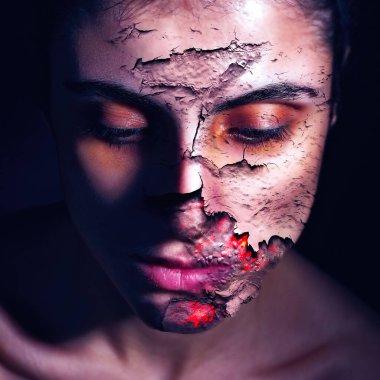 Destruction, Female Portrait with destructive texture over skin clipart