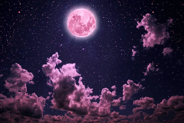 背景夜空与星星和月亮和云彩。塑料粉红色. — 图库照片