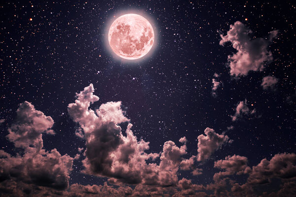 Backgrounds night sky with stars and moon and clouds. pastel coral color Elements of this image furnished by NASA