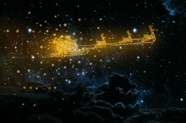 Altın karlı uçan Noel Baba gecenin arka planında
