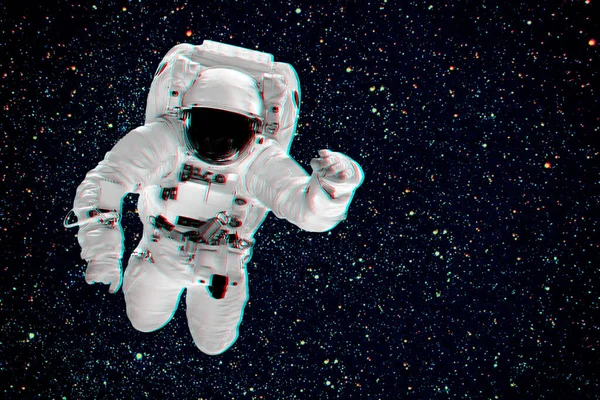 宇航员飞过白色的背景 Glitch效应 — 图库照片