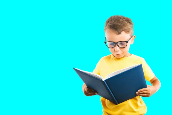 Ребенок Читает Книгу Фоне Светлой Стены — стоковое фото