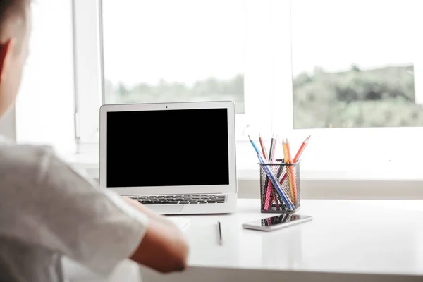 School Home Online Homeschooling Child Sitting Computer — Stock Photo, Image