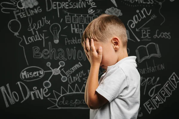 Child Whose Depression Black Background His Hands Closed — Stock Photo, Image