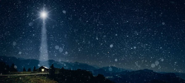 Estrella Brilla Sobre Pesebre Navidad Jesucristo —  Fotos de Stock