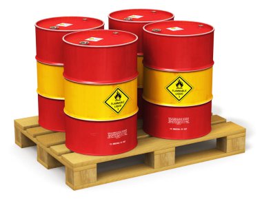 Üretim ve iş kavramı ticaret yaratıcı soyut petrol ve gaz endüstrisi: 3d render illüstrasyon kırmızı metal petrol varilleri veya petrol varil beyaz arka plan üzerinde izole endüstriyel ahşap nakliye palet üzerindeki Grup