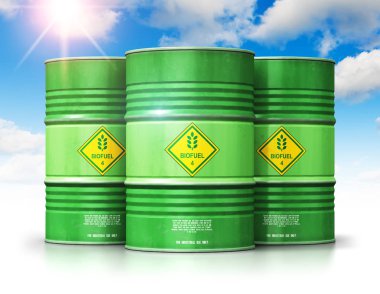 Yaratıcı soyut ekoloji, alternatif sürdürülebilir enerji ve çevre koruma tasarruf iş kavramı: 3d render illüstrasyon yeşil metal biyoyakıt davul veya biyodizel varil ile bulutlar ve güneş ışığı üzerinde izole mavi gökyüzü karşı Grup
