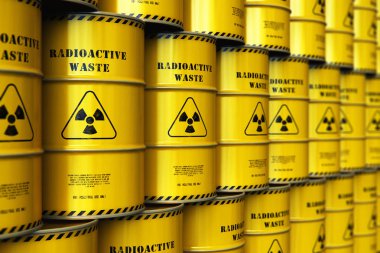 Yaratıcı soyut nükleer enerji yakıt üretim, elden çıkarma ve kullanımı sanayi kavramı: Grup yığılmış sarı metal varil, davul veya kapları indus içinde zehir tehlikeli tehlikeli radyoaktif madde ile 3d render illüstrasyon