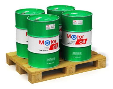 Yaratıcı soyut Otomotiv Sanayi ve otomatik tamir servis ve bakım kavramı: 3d render illüstrasyon yeşil yığılmış Grubu'nun metal davul kutu veya varil kapları ile araba motor motor sıvı sentetik yağ yağı ahşap shipp üzerinde