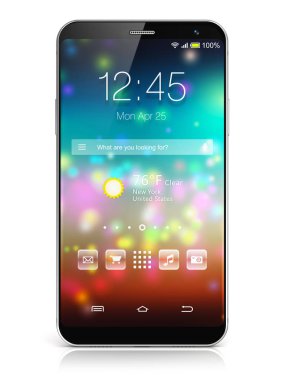 Yaratıcı soyut cep telefonu kablosuz iletişim teknolojisi ve hareketlilik iş ofis kavramı: modern metal siyah parlak dokunmatik ekran smartphone renkli uygulama arabirimi ile renk simgeleri ve düğme ile izole 3d render çizimi