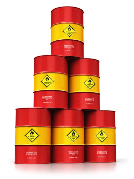 创意抽象油气工业制造及贸易经营理念 渲染在白色背景下的红色堆积金属油桶或石油筒组的反射效果图 — 图库照片