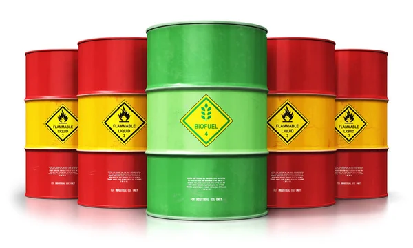 创造性抽象生态学 替代可持续能源与环境保护节约经营理念 在红色金属油 石油或气桶的前面 绿色生物燃料或生物柴油桶的例证在白色被隔绝的小组 — 图库照片