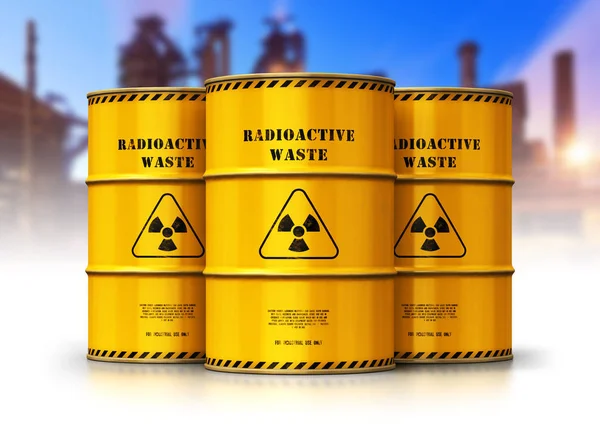 創造的な抽象的な原子力燃料の製造 使用率業界の概念 黄色の金属バレル ドラムの前に毒危険な危険な放射性物質の容器のグループの レンダリング図がぼやけています — ストック写真