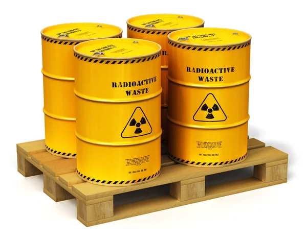 创意抽象核动力燃料制造 处置和利用产业理念 在木质运输中使用有毒危险放射性物质的黄色金属桶 桶或容器组的插图说明 — 图库照片