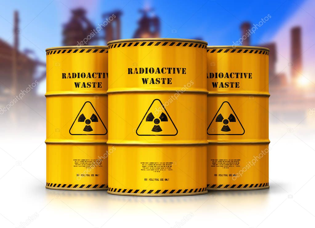 Creative abstract nuclear power fuel manufacturing, disposal and utilization industry concept: 3D render illustration of the group of yellow metal barrels, drums or containers with poison dangerous hazardous radioactive materials in front of blurred 