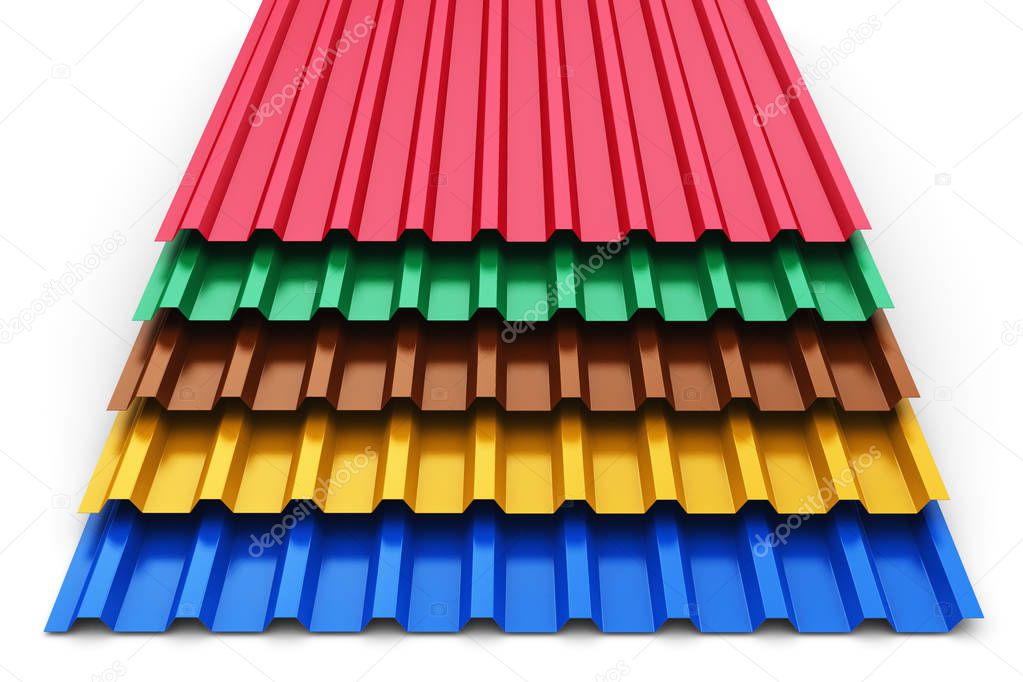 Creative abstract 3D render illustration of the stack or group of stacked color metal steel profile sheets for roof and roofing construction industry isolated on white background