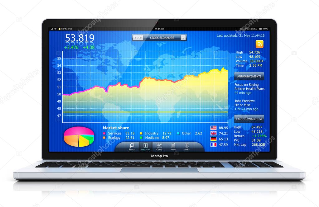 Creative abstract stock exchange market trading, banking and financial business accounting concept: 3D render illustration of the modern metal laptop notebook computer PC with stock market application software app on the screen, display or monitor is