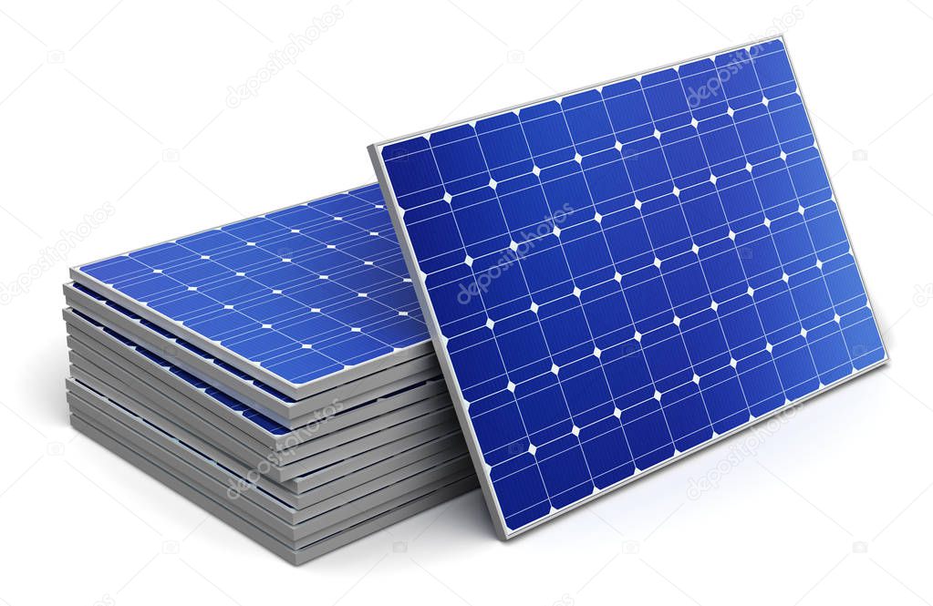 Creative abstract solar power generation technology, alternative energy and environment protection ecology business concept: 3D render illustration of the group of stacked solar battery panels ready for installing and mounting isolated on white backg