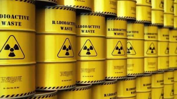 原子力燃料の製造 使用率業界の概念 積み上げ黄色金属バレル ドラムや毒の危険な危険な放射性物質は産業倉庫にコンテナーのグループの レンダリング図 — ストック動画