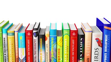 Yaratıcı soyut bilim, bilgi, eğitim, okul, iş ve şirket ofisi hayat kavramı: Alfa anahtar maskesi ile beyaz arka plan üzerinde izole renk ciltli kitap 3d render sorunsuz döngü 4k video görüntüleri