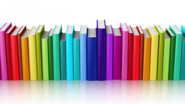 Yaratıcı soyut bilim, bilgi, eğitim, okul, iş ve şirket ofisi hayat kavramı: 3d render Rainbow 4 k video görüntüleri döngü kesintisiz renk alfa anahtar maskesi ile beyaz arka plan üzerinde izole ciltli kitaplar