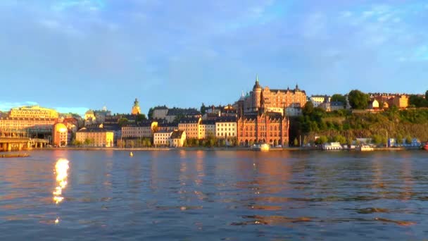 Scenic Summer Zoom Panorama Sunset Old Town Pier Architecture Sodermalm — Stock Video