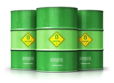 Yaratıcı soyut ekoloji, alternatif sürdürülebilir enerji ve çevre koruma tasarruf iş kavramı: Grup yeşil metal biyoyakıt davul veya biyodizel 3d render illüstrasyon izole üzerinde beyaz arka plan yansıma etkisi ile varil