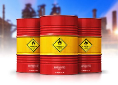 Üretim ve iş kavramı ticaret yaratıcı soyut petrol ve gaz endüstrisi: 3d render illüstrasyon kırmızı metal petrol varilleri veya petrol varil rafineri önünde Grubu'nun yansıma etkisi ile izole üzerinde beyaz arka plan bitki