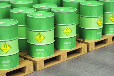 Yaratıcı soyut ekoloji, alternatif sürdürülebilir enerji ve çevre koruma tasarruf iş kavramı: 3d render illüstrasyon grup yeşil yığılmış metal biyoyakıt davul veya endüstriyel depo seçileceği yer ile biyodizel varil