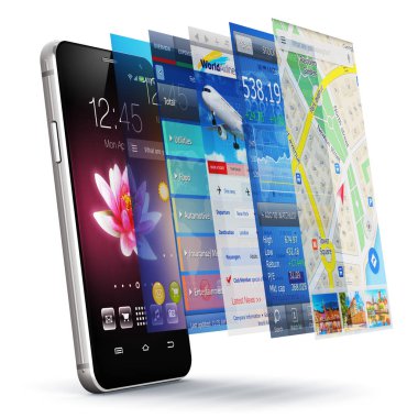 Yaratıcı soyut hareketlilik, kablosuz iletişim ve uygulama geliştirme ve indirme Internet web iş kavramı: modern metal siyah parlak dokunmatik akıllı telefon veya cep telefonu renkli uygulama ekran grup ile 3d render gösteren resim